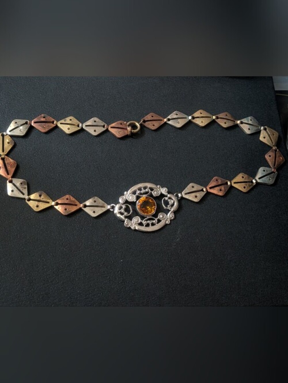 Vintage Ornate Mixed Metal Filigree Choker Necklace Amber Stone Citrine